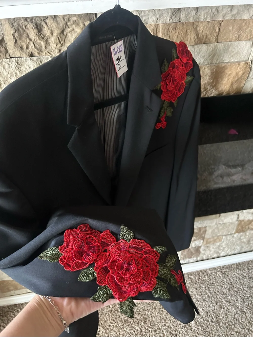 OOAK Calvin Klein Men’s Black Blazer with Red Rose Embroidery